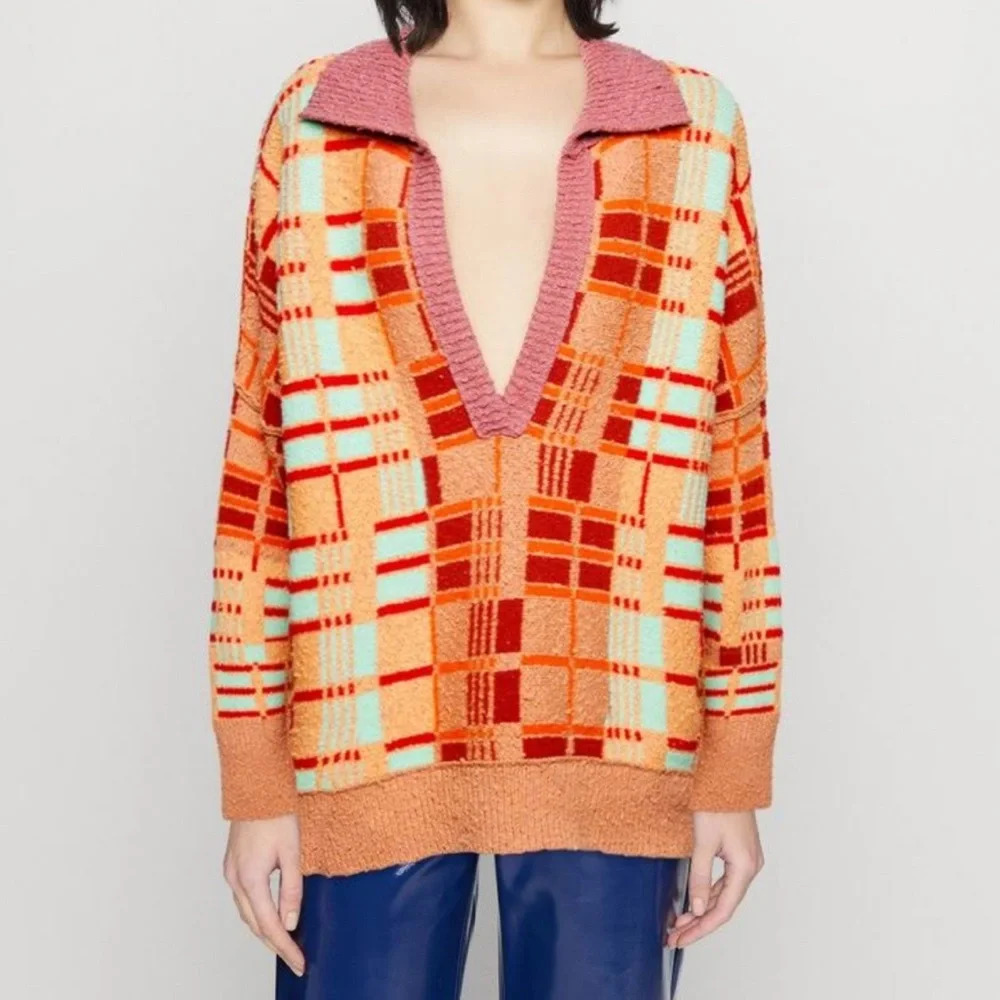 Like New Free People Ruben Oversized Pullover Sweater in Autumn Sunset Combo M - Picture 4 of 16